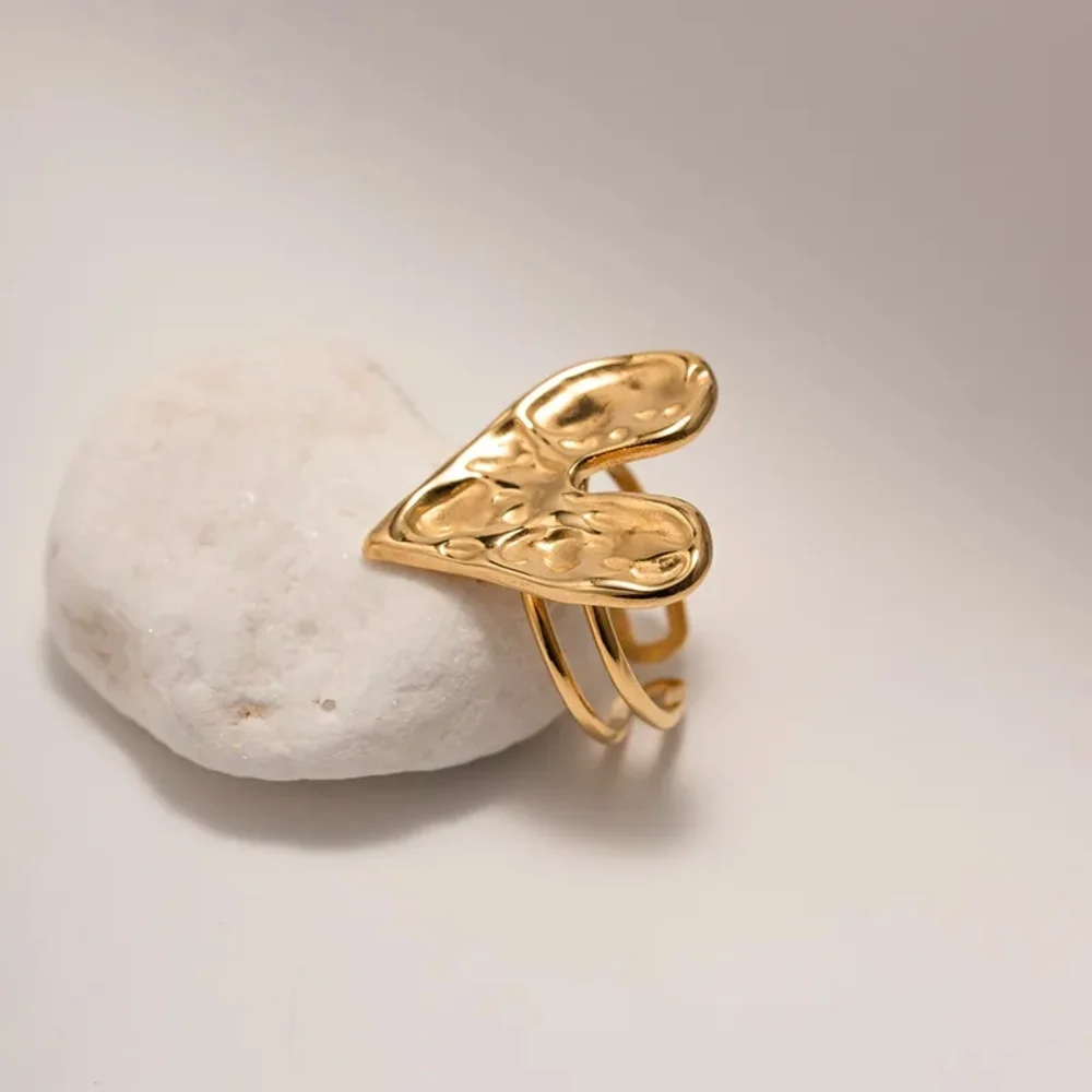 Adjustable Stainless Steel Open Rings, Modern Design with textured heart design. - Picture 2 of 8